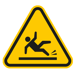 Yellow caution sign portraying a black stick figure falling on a wet floor.