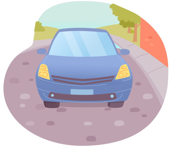 Illustration of a blue car on a cobblestone street.