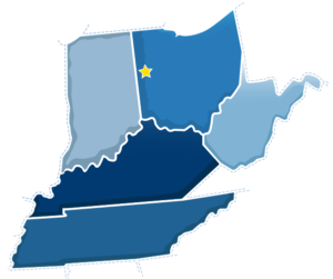 A map of Ohio, Indiana, Kentucky, West Virginia and Tennessee.