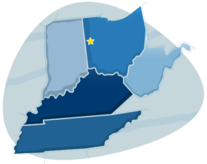 A map of Ohio, Indiana, Kentucky, West Virginia and Tennessee.