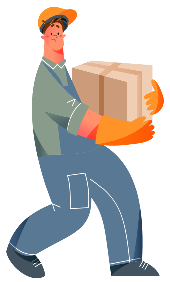 A confused factory worker in overalls carries a cardboard box.