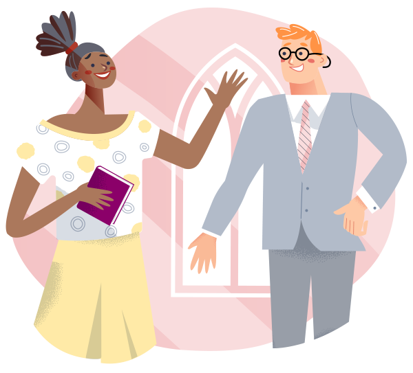 An African-American woman and a red-haired white male have a conversation at church.