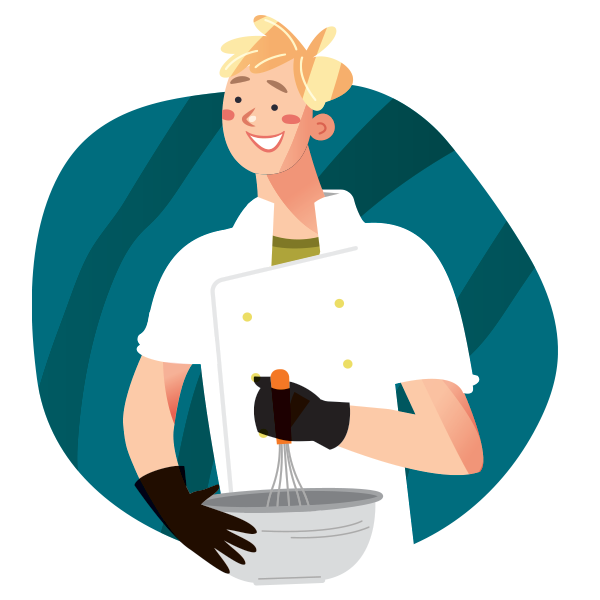 Illustration of a young chef with a mixing bowl.