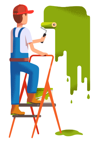 Illustration of a contractor painting a wall green, with paint drips on the floor.