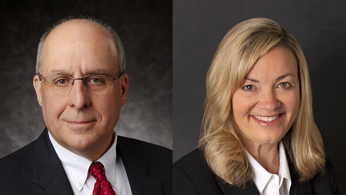 A combined image of Mike Kleinhenz, retired Senior Vice President, Chief Financial Officer and Treasurer of Celina Insurance Group, and Suzanne Wells, current Senior Vice President, Chief Financial Officer and Treasurer. Both are smiling in front of a black background.