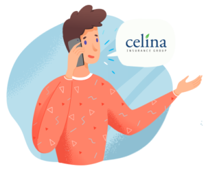 A young male customer in a peach sweater talks on a smartphone