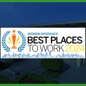 A logo reading "Business Insurance - Best Places to Work 2024" and featuring a city scape and trophy appears in front of a blue-tinted picture of Celina's two-story office building.