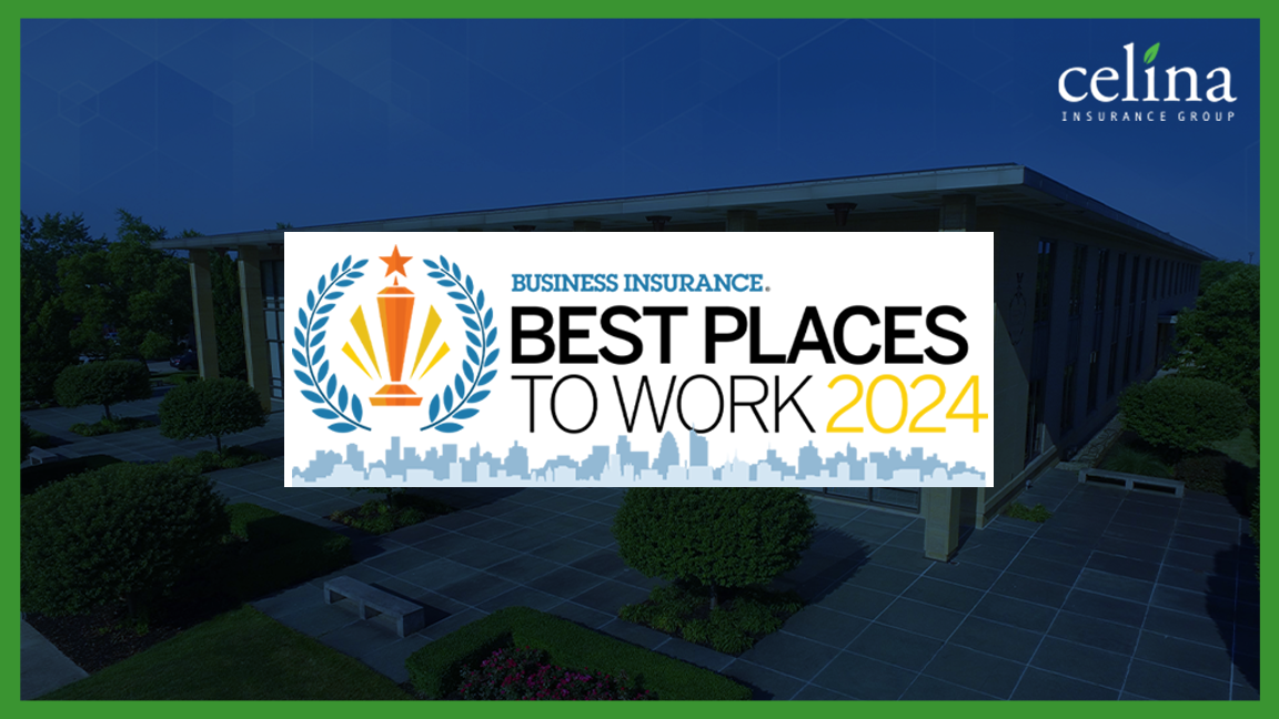 A logo reading "Business Insurance - Best Places to Work 2024" and featuring a city scape and trophy appears in front of a blue-tinted picture of Celina's two-story office building.